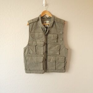 Men's Med Fishing Hunting Hiking Cargo Vest Pockets Cotton Khaki Green Vtg